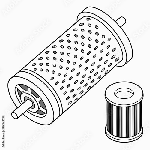 Illustration of a cylindrical filter with a perforated surface and a smaller filter isolated on filtration and purification concept