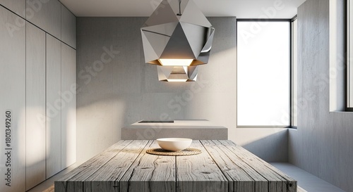 Modern Kitchen Interior with Wooden Table and Geometric Light Fixture.