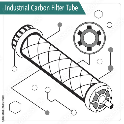 Illustration of an industrial carbon filter tube isolated on, showcasing its design and function in a technical line drawing with annotations