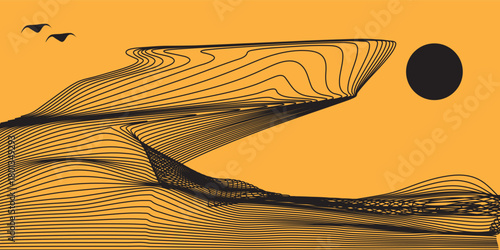 Vector abstract art landscape mountain with birds and sunrise sunset by golden line art texture isolated on dark grey black background. Minimal luxury style for wallpaper, wall art decoration.