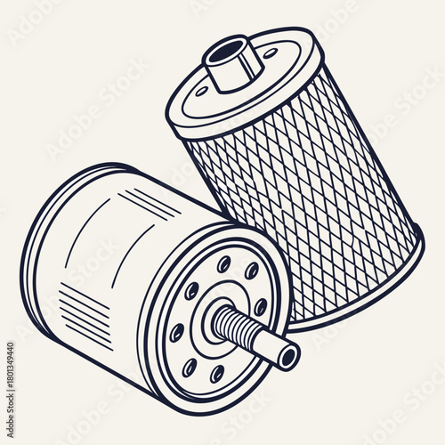 Illustration of two oil filters, one standing and one lying down, with detailed mesh and line patterns, isolated on