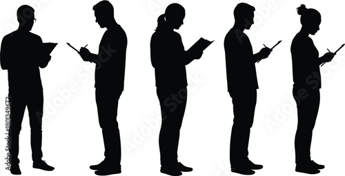 Silhouettes, people, writing, observing, survey, research, clipboard, notepad, posture, teamwork, study, analysis, documentation, focus, diversity, group, standing, interaction