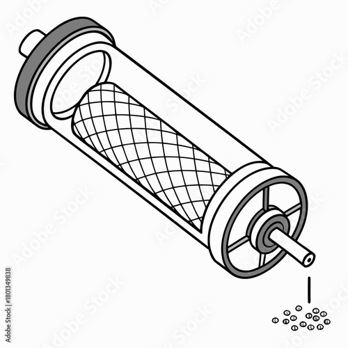 Illustration of a water filter cartridge with a mesh screen, designed to remove sediment and impurities from water, isolated on