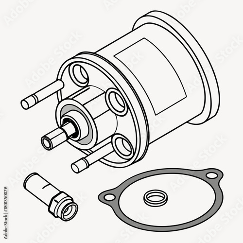 Detailed technical drawing showcasing the components of a mechanical assembly, isolated on, highlighting the precision and engineering design involved