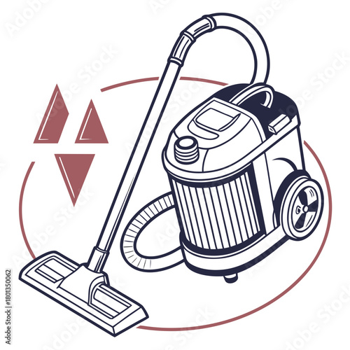 A sleek canister vacuum cleaner stands ready for action, its hose coiled neatly, promising spotless floors and a dustfree home, isolated on