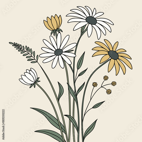 A delightful arrangement of wildflowers, showcasing daisies and golden blossoms, all rendered in a charming handdrawn style against a serene, neutral backdrop