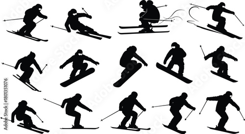 Skiing and snowboarding silhouettes, winter sports action, dynamic poses, alpine athletes, extreme snow adventure, black vector icons