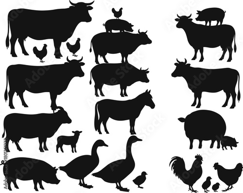 Collection of black farm animal silhouettes on a white background