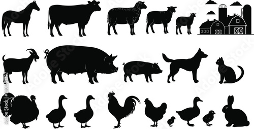 Collection of farm animal silhouettes on white background