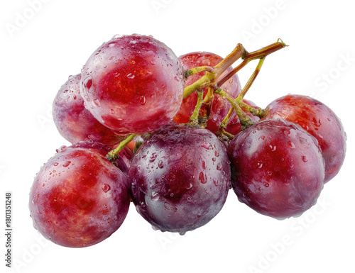 A close-up of a bunch of glossy, water-droplet-covered red grapes on a black backdrop
