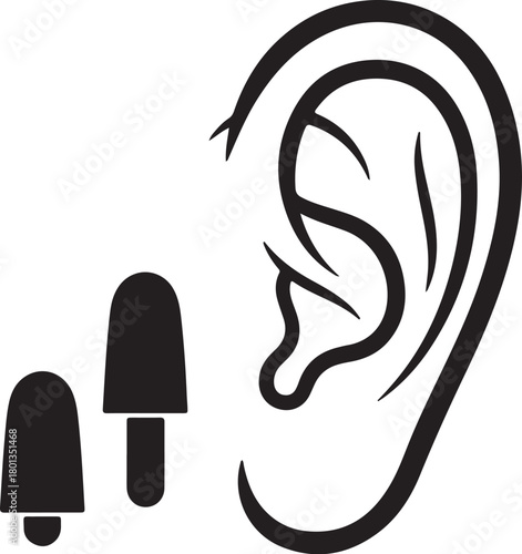 Black and white illustration of a human ear and two earplugs Keywords: ear, earplugs, hearing, sound, protection, noise, medical, health, anatomy, human body, silhouette, on transparent background