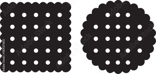 Black Silhouette Icons of Square and Round Biscuits with Perforations cookie cracker on transparent background