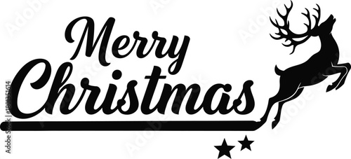 Merry christmas text with a leaping reindeer and stars silhouette