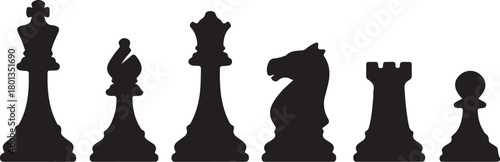 Black Silhouette Icons of Chess Pieces King Queen Bishop Knight Rook Pawn game strategy on transparent background