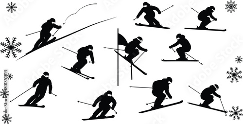 Skiing silhouettes, winter sports, downhill action, slalom race, ski jump, alpine motion, snowflakes, skier icons, dynamic poses, ski gate, freestyle skiing, black figures, white background