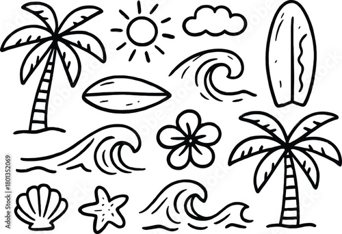 Hand drawn vector illustration set of summer icons with tropical palm trees, beach, sun, and sea for travel design
