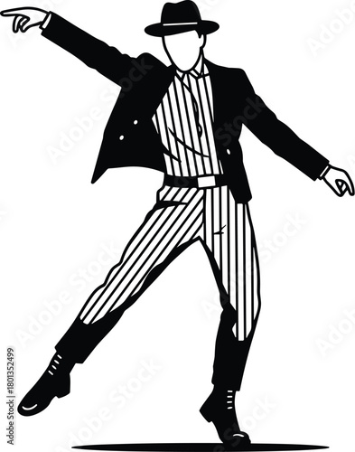 Stylized dancer illustration, pinstripe suit fashion, wide brim hat pose, graphic minimalist art, expressive posture silhouette, vintage style