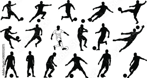 Soccer silhouettes, football players, kicking, dribbling, passing, goalkeeping, action poses, sports motion, athletic movement, dynamic energy, competitive game, black figures, white uniform