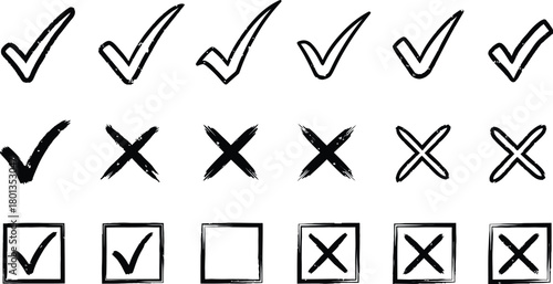 Hand drawn checkmarks and crosses in boxes for voting and decisions
