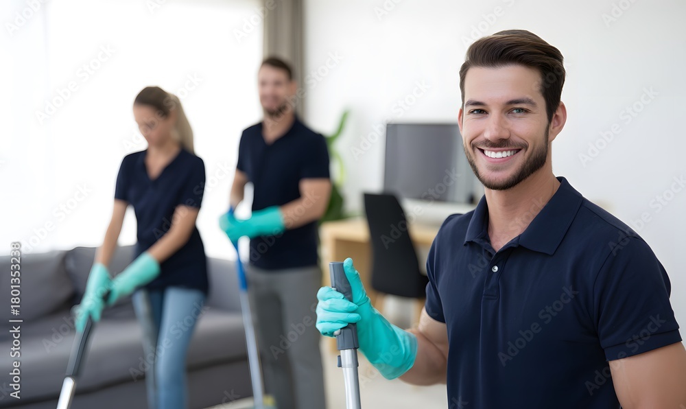 © simba kim - clean office, professional team of window and floor cleaning service workers in dark navy polo shirts and pastel teal gloves vacuuming white floors
