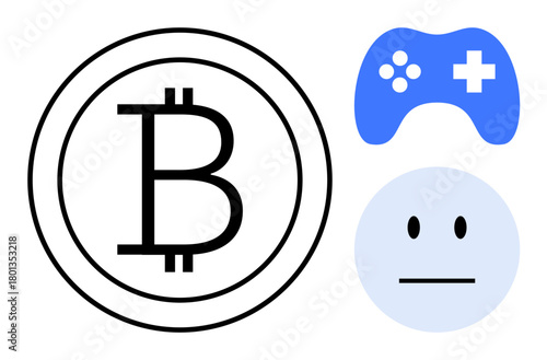 Bitcoin coin logo, blue gaming controller, and a neutral face emoticon. Ideal for cryptocurrency, gaming, finance, digital assets, blockchain virtual economy and technology connection. Simple flat