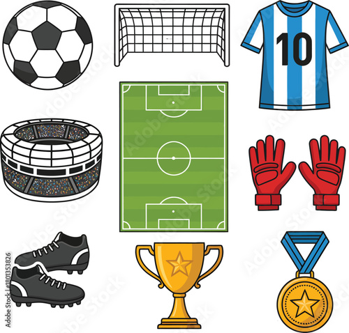 Vector illustration of a soccer ball and football set featuring sports icons and team competition emblems for a championship game goal