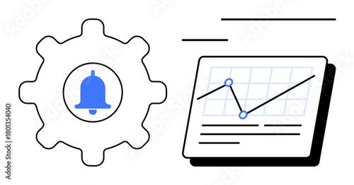 Gear with notification bell alongside a data chart with line graph, displaying performance monitoring, alerts, and data analytics. Ideal for workflow, productivity, business metrics, automation