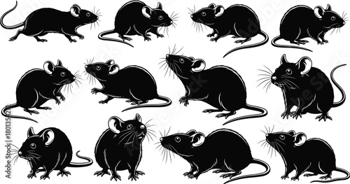 Stylized, black, mouse, illustration, whiskers, tail, pose, animal, silhouette, rodent, vector, icon, cartoon, isolated, design, cute, minimal, blue-highlighted