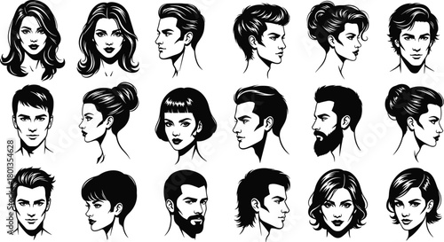 Stylized, black, white, human, face, illustration, hairstyle, profile, portrait, character, design, sketch, artistic, diverse, emotion, expression, male, female