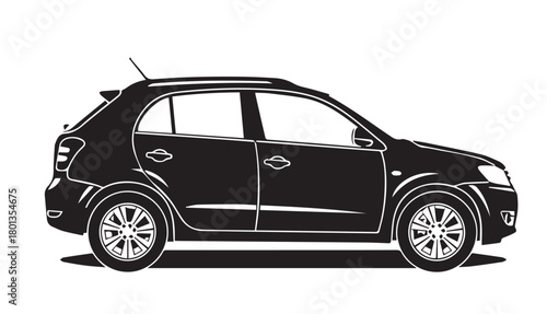 Detailed black and white illustration of a modern compact hatchback car viewed from the side on a white background