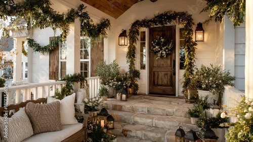 Festive Holiday Home Porch Decorated with Garland, Lights, Wreath, and Lanterns for Christmas, Beautiful Exterior, Farmhouse Style, Stone Steps and Wooden Bench.