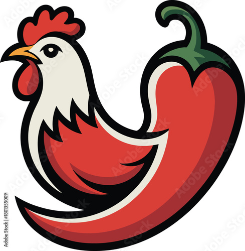 Rooster logo merging poultry animal shape with hot chili pepper symbolizing spicy food concept design
