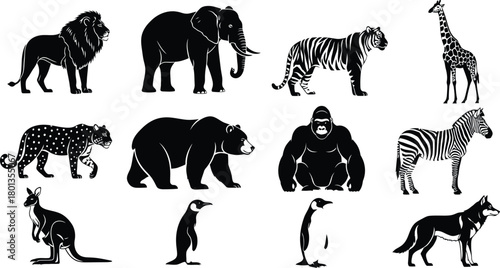 Collection of black silhouette wild animals standing and walking on white background