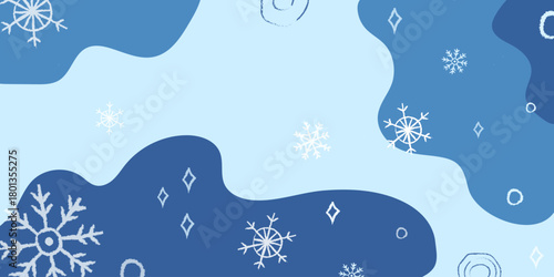 Winter scene with snowflakes and abstract shapes in shades of blue and white