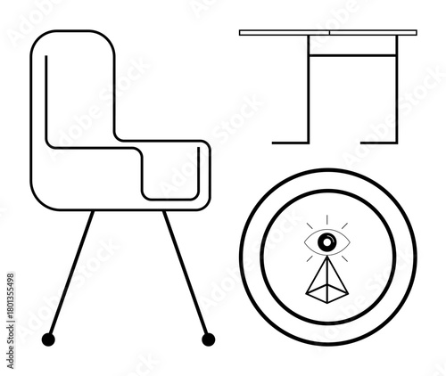 Modern chair, sleek desk, pyramid-shaped eye symbol radiating light. Ideal for creativity, office work, workplace aesthetics, innovation, abstract thinking, minimalism simple flat metaphor