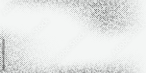 Grunge halftone gradient background. Faded grit noise texture. White and black sandy wallpaper. Retro pixelated backdrop. Anime or manga style comic overlay. Vector graphic design textured template
