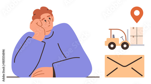 Pensive individual rests head on hand while contemplating delivery topics. Nearby, a forklift, stacked parcels, envelope, and location pin symbolize logistics and supply chain. Ideal for planning