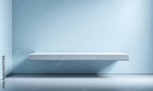 Wallpaper Mural Minimalist interior scene featuring a floating shelf against a soft blue wall, creating a serene atmosphere with ample copy space for design elements and text Torontodigital.ca