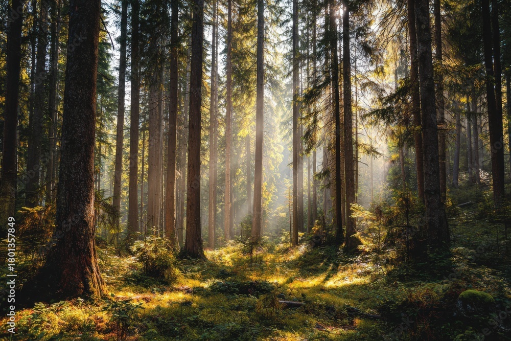 Obraz premium Sunlight filters through tall trees in a serene forest, illuminating the lush green undergrowth and creating a tranquil atmosphere for nature lovers and outdoor enthusiasts