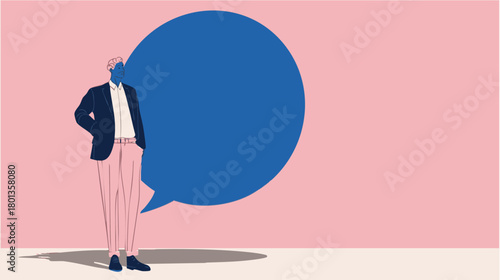 Business figure standing beside oversized speech bubble for communication, dialogue and marketing visuals