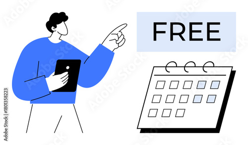 Person with a tablet pointing to the word Free next to a calendar. Ideal for promotions, offers, deadlines, planning, scheduling, discounts, agenda. Clean and simple flat metaphor