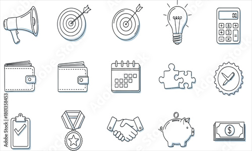 Set of business and finance icons Megaphone, target, lightbulb, calculator, wallet, calendar, puzzle, checkmark, medal, handshake, piggy bank, banknote
