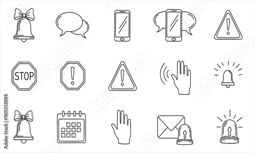 Vector line icon set for notification, alert, and warning concepts. Includes bell, stop sign, and message symbols for digital interfaces and web design