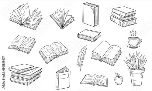 Line Art Book Collection Open, Stacked, and Single Books with Apple and Plants