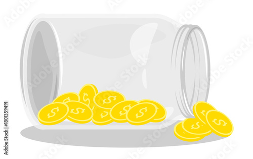 Isometric coins remains of family budget scattered on the table from an open glass jar. Isolated cartoon vector on white background top view