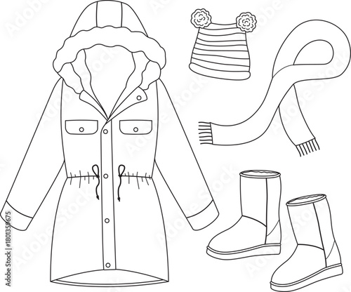 Illustration of parka jacket, warm boots, knit scarf and hat. Set of outline cold-weather outfit elements in doodle style