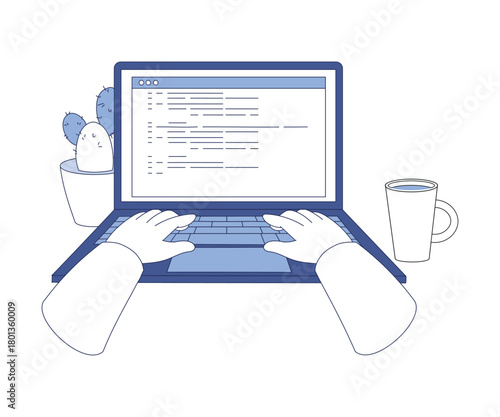Programming with Hands at Laptop Write Code as Web and Application Development Vector Illustration