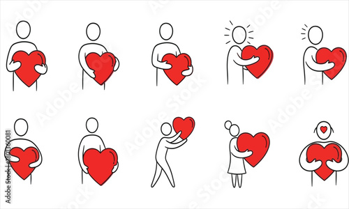 Collection of Line Art People Embracing Red Hearts Illustrations for Love, Kindness, and Affection