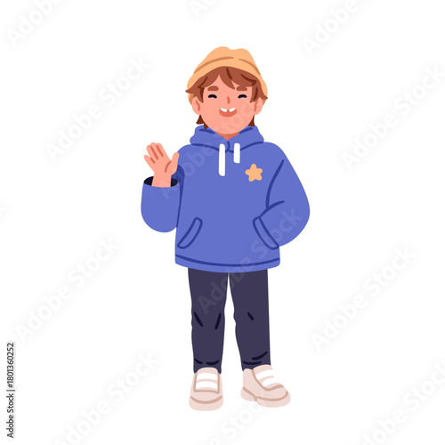 Happy boy with imperfect smile, tooth gap, diastema. Cute little kid greeting with hand. Kindergarten preschool child standing, dental overbite. Flat vector illustration isolated on white background