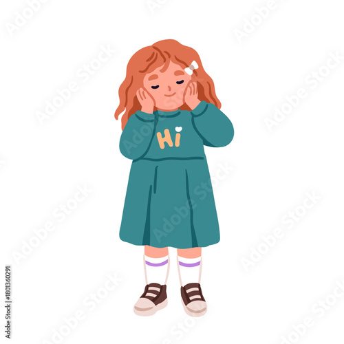 Cute girl, sweet dreamy character with hands on face, cheeks. Adorable charming kindergarten child in dress and sneakers. Lovely little kid. Flat vector illustration isolated on white background